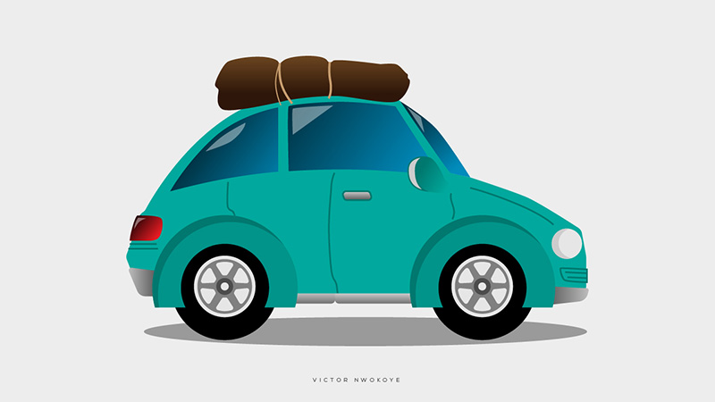 Victor Nwokoye teal remodeled Volkswagen Beetle illustration (side view)