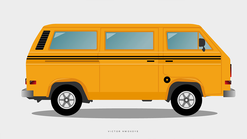 Victor Nwokoye yellow and two black striped busy Lagos commercial bus illustration (side view)