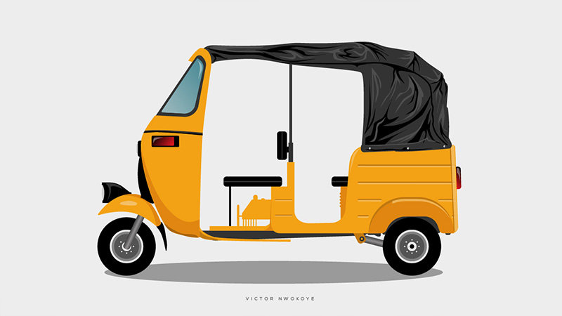 Victor Nwokoye yellow and black busy Lagos tricycle illustration (side view)