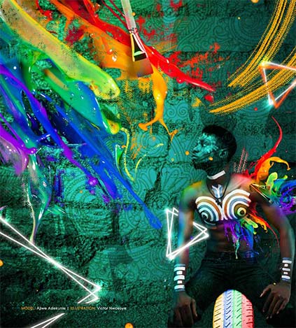 Victor Nwokoye photo-manipulation of kunle looking sideways and sitting on a colorful tire, with colors splashing around him