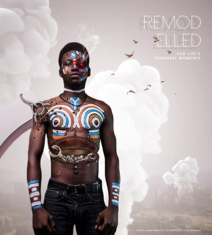 Victor Nwokoye photo-manipulation of kunle bare-chested, with body art, and machine tools inside belly