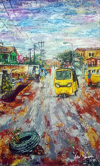 Victor Nwokoye painting - Acute Redirection - painting of a street located within the city of Lagos, Nigeria