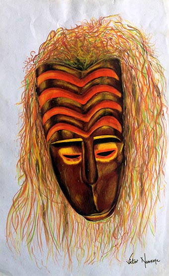 Victor Nwokoye painting - Masked - an african mask with fibers representing representing the veil on Nigeria