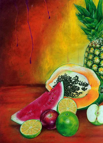 Victor Nwokoye painting - Nature's Sweet - with fruits like pineapple, pawpaw, apple, orange and watermelon on colorful background (first installation)