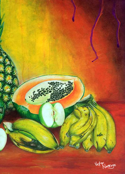 Victor Nwokoye painting - Nature's Sweet - with fruits like pineapple, pawpaw, apple, orange and watermelon on colorful background (second installation)