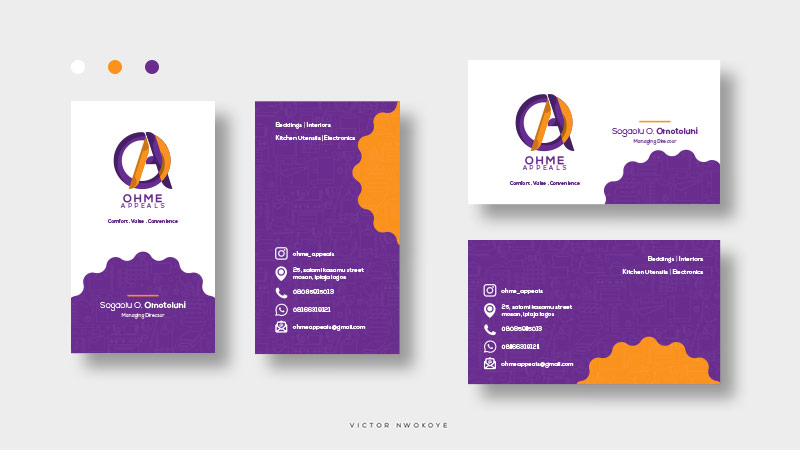 Victor Nwokoye purple and deep yellow business card design for Ohme Appeals