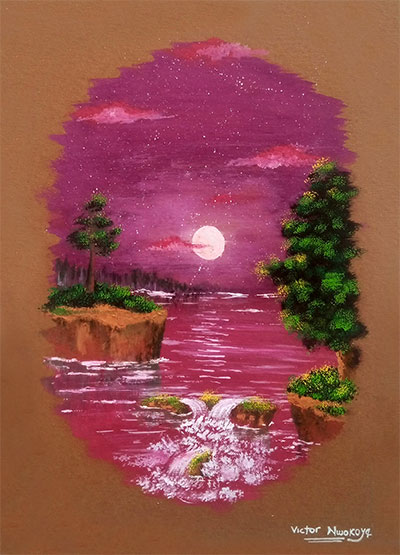 Victor Nwokoye painting - Raging Stills - a painting of a purple-magenta evening with trees and and gushing water