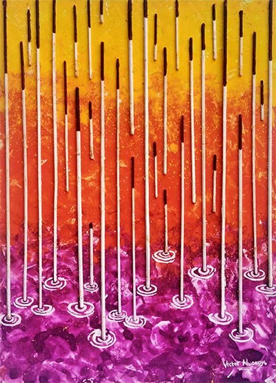 Victor Nwokoye painting - The Fall - a painting of purple-orange and yellow background with falling sticks symbolic of life challenges