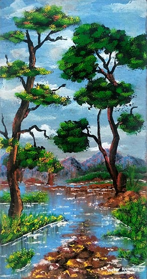 Victor Nwokoye painting - Tranquil 1 - a painting of calm pasture with trees and water and blue sky