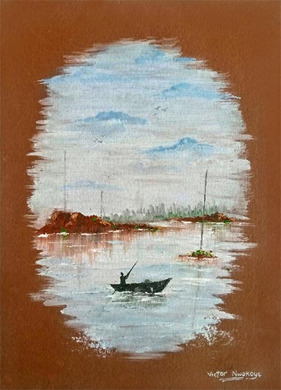 Victor Nwokoye painting - Tranquil 2 - a painting of calm waters with a person riding a canoe
