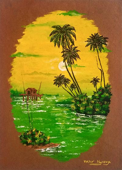 Victor Nwokoye painting - Tranquil 3 - a painting of calm waters with coconut tree and a house in the middle of the waters