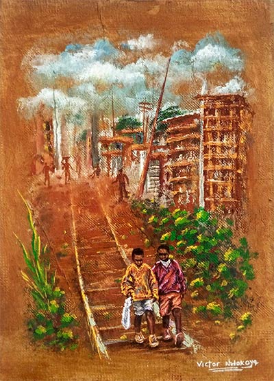 Victor Nwokoye painting - Unguided - a painting of little kids roaming around the environment in Africa without purpose