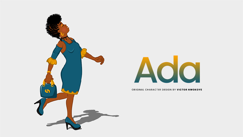 Victor Nwokoye 2D female character (Ada) wearing a teal short stylish gown with a teal stiletto (prideful walking pose)