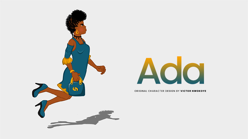 Victor Nwokoye 2D female character (Ada) wearing a teal short stylish gown with a teal stiletto (angry jumping pose)