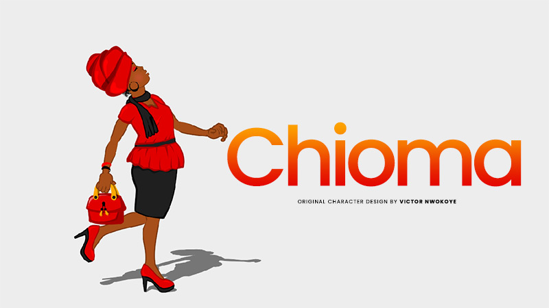 Victor Nwokoye 2D female character (chioma) wearing a red top, black short skirt, and a head-gear with a red stiletto (prideful walking pose)