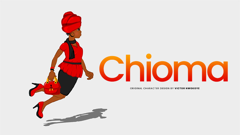 Victor Nwokoye 2D female character (chioma) wearing a red top, black short skirt, and a head-gear with a red stiletto (angry jumping pose)