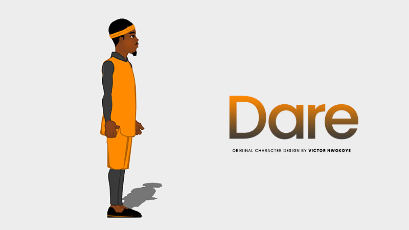 Victor Nwokoye 2D male character (Dare) with a warm smile, a yellow sports dress and a black footwear (relaxed standing pose)