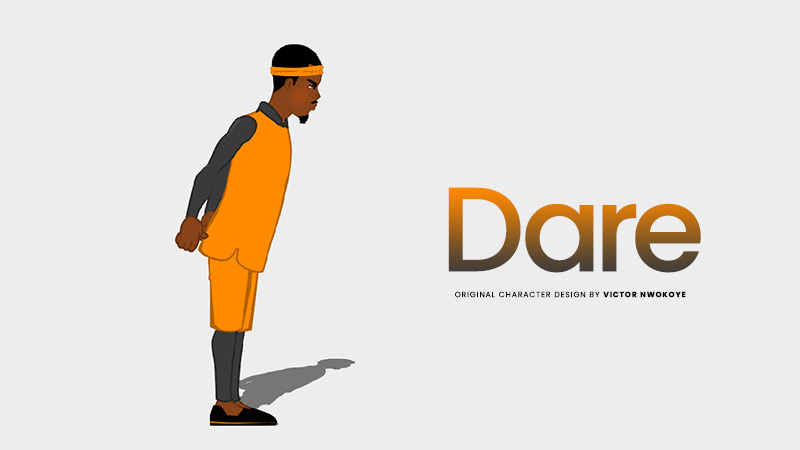 Victor Nwokoye 2D male character (Dare) with a warm smile, a yellow sports dress and a black footwear (angry standing pose)