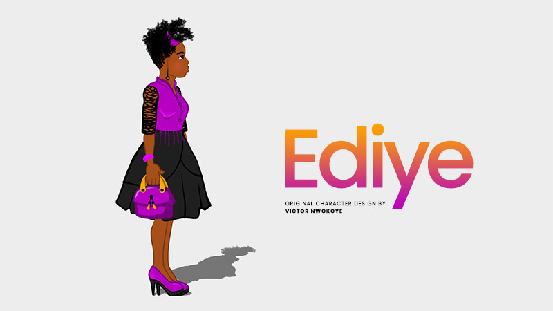 Victor Nwokoye 2D female character (Ediye) wearing a purple and black short gown with a purple stiletto (relaxed standing pose)