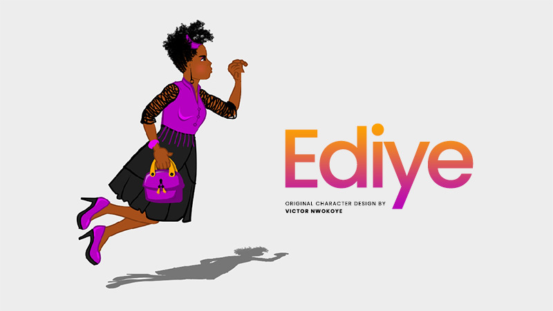 Victor Nwokoye 2D female character (Ediye) wearing a purple and black short gown with a purple stiletto (angry jumping pose)