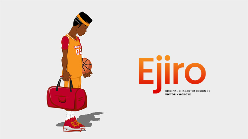 Victor Nwokoye 2D male character (Ejiro) wearing an orange sports wear, looking down while holding a basketball with a red sport footwear (sad standing pose side-view)