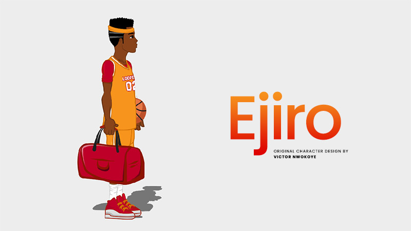 Victor Nwokoye 2D male character (Ejiro) wearing an orange sports wear and holding a basketball with a red sport footwear (looking forward standing pose side-view)