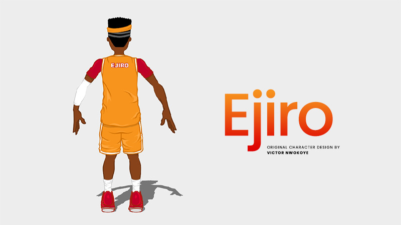 Victor Nwokoye 2D male character (Ejiro) wearing an orange sports wear with a red sport footwear (sad standing pose back-view)