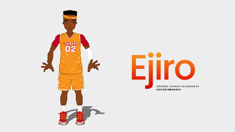 Victor Nwokoye 2D male character (Ejiro) wearing an orange sports wear with a red sport footwear (sad standing pose front-view)