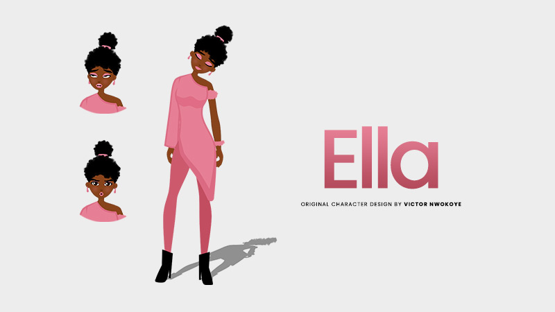 Victor Nwokoye 2D female character (Ella) wearing a pink dress with a black shoe (prideful stylish standing pose)