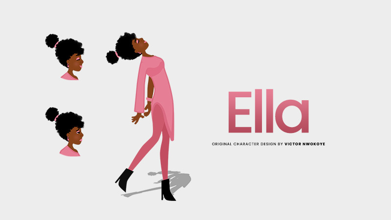 Victor Nwokoye 2D female character (Ella) wearing a pink dress with a black shoe (prideful walking pose)