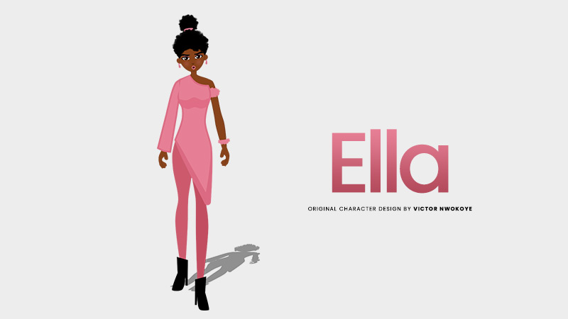 Victor Nwokoye 2D female character (Ella) wearing a pink dress with a black shoe (surprised walking pose)