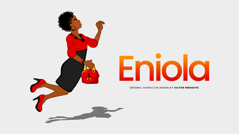 Victor Nwokoye 2D female character (Eniola) wearing a red and black short gown with a red stiletto (angry jumping pose)