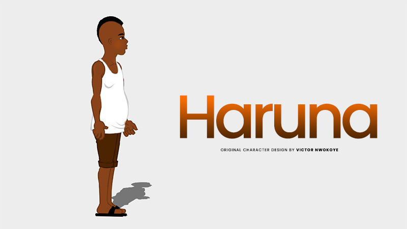 Victor Nwokoye 2D male character (Haruna) with a streetz-styled hairstyle and wearing a white singlet and brown shorts (relaxed standing pose)