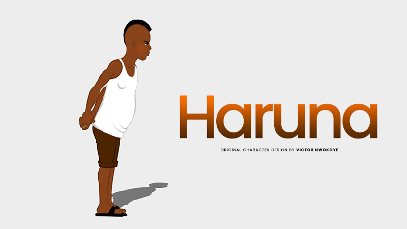 Victor Nwokoye 2D male character (Haruna) with a streetz-styled hairstyle and wearing a white singlet and brown shorts (angry standing pose)