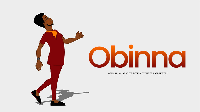 Victor Nwokoye 2D male character (Obinna) with a stylish hairstyle and wearing a red simple kaftan with orange embroidery (prideful walking pose)