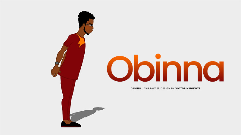 Victor Nwokoye 2D male character (Obinna) with a stylish hairstyle and wearing a red simple kaftan with orange embroidery (angry standing pose)
