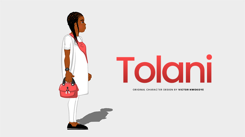 Victor Nwokoye 2D female character (Tolani) wearing a white agbada with red embroidery (relaxed standing pose)