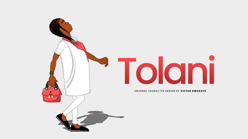 Victor Nwokoye 2D female character (Tolani) wearing a white agbada with red embroidery (prideful walking pose)