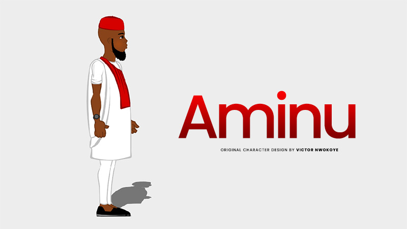 Victor Nwokoye 2D male character (Aminu) wearing a white agbada with red embroidery (relaxed standing pose)
