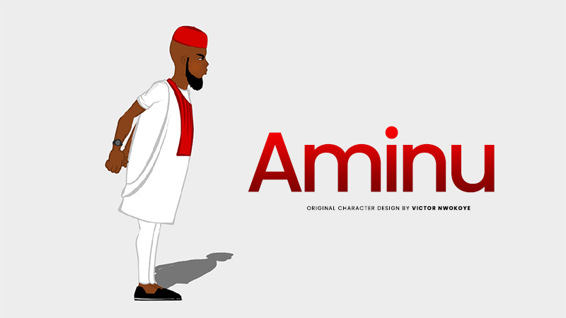 Victor Nwokoye 2D male character (Aminu) wearing a white agbada with red embroidery (angry standing pose)