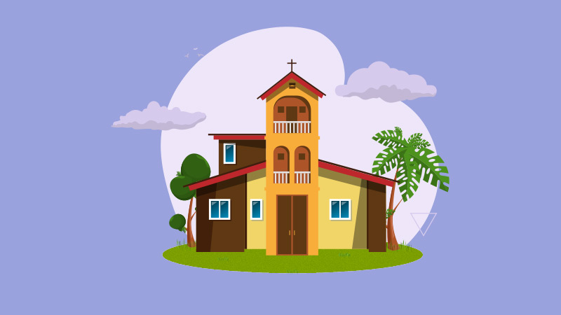 Victor Nwokoye single two-colored typical Nigerian church building on green field