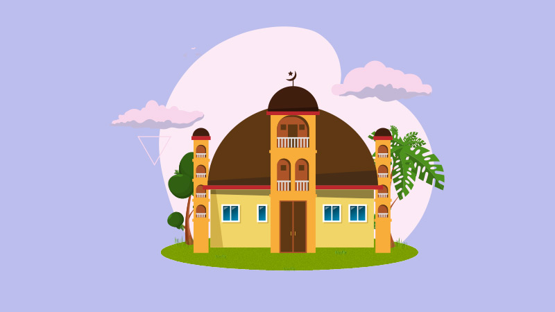 Victor Nwokoye single two-colored typical Nigerian mosque building on green field