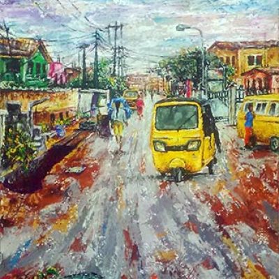 Victor Nwokoye painting - Acute Redirection - painting of a street located within the city of Lagos, Nigeria