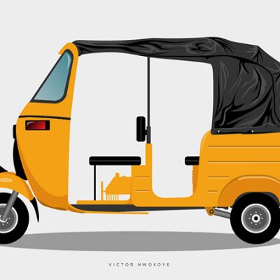 Victor Nwokoye yellow and black busy Lagos tricycle illustration (side view)